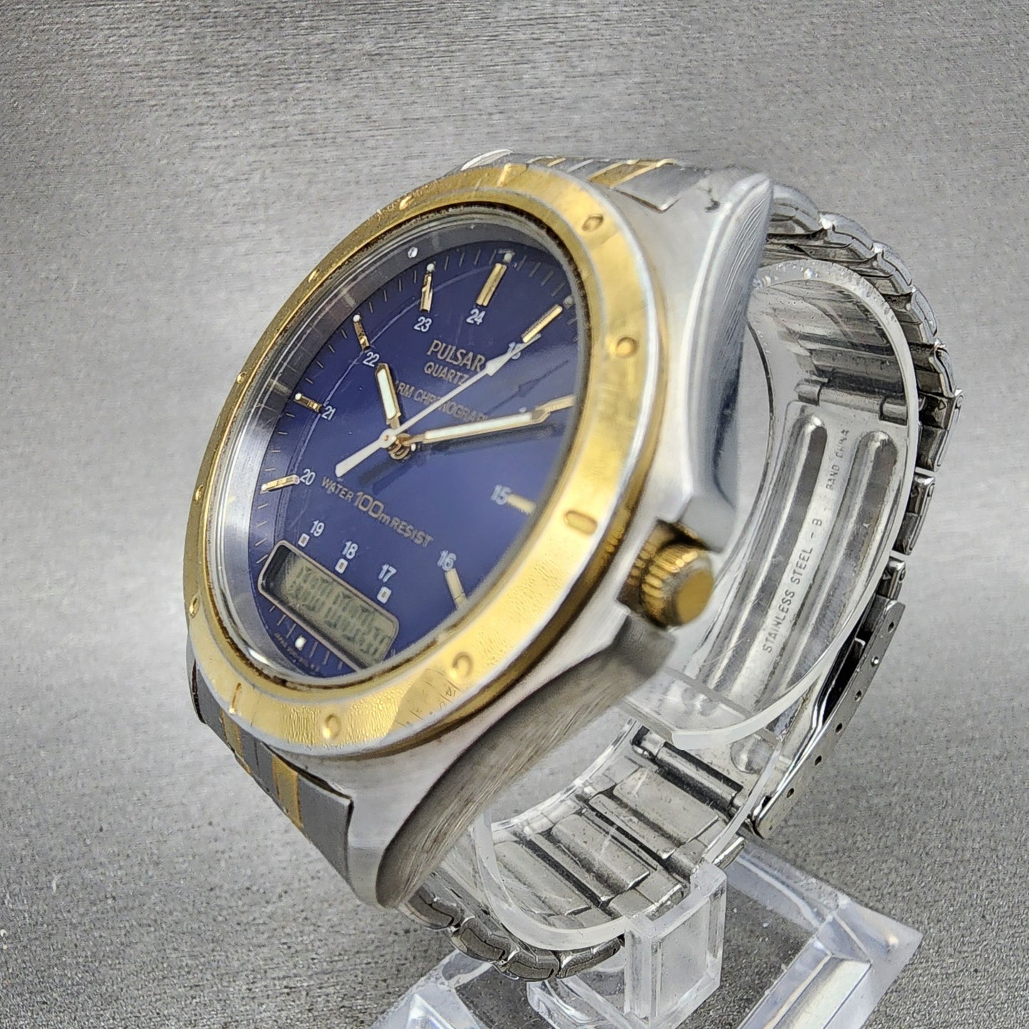 Pulsar Analog Digital Watch Men 39mm Blue Dial Two Tone Alarm Chrono New Battery2