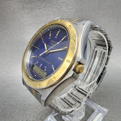 Pulsar Analog Digital Watch Men 39mm Blue Dial Two Tone Alarm Chrono New Battery2