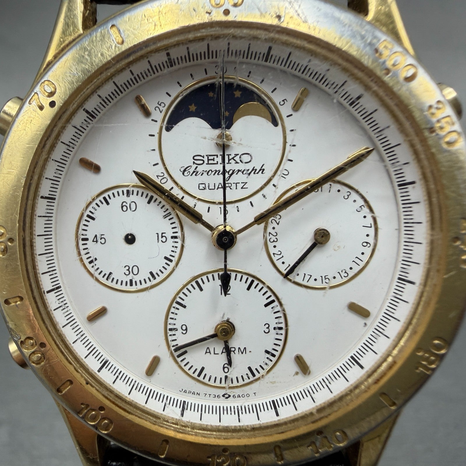 Seiko Moon Phase Chronograph Watch Men 38mm READ!! White Dial Gold Tone New Batt1