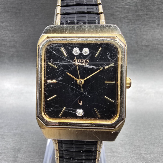 Citizen CQ Watch Men 27mm Black Dial Gold Tone Rectangle 4031-986351 New Battery0