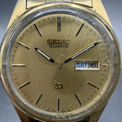 Seiko SQ Watch Men 35mm Gold Dial Gold Tone Daydate Round 5Y23-8040 New Battery1