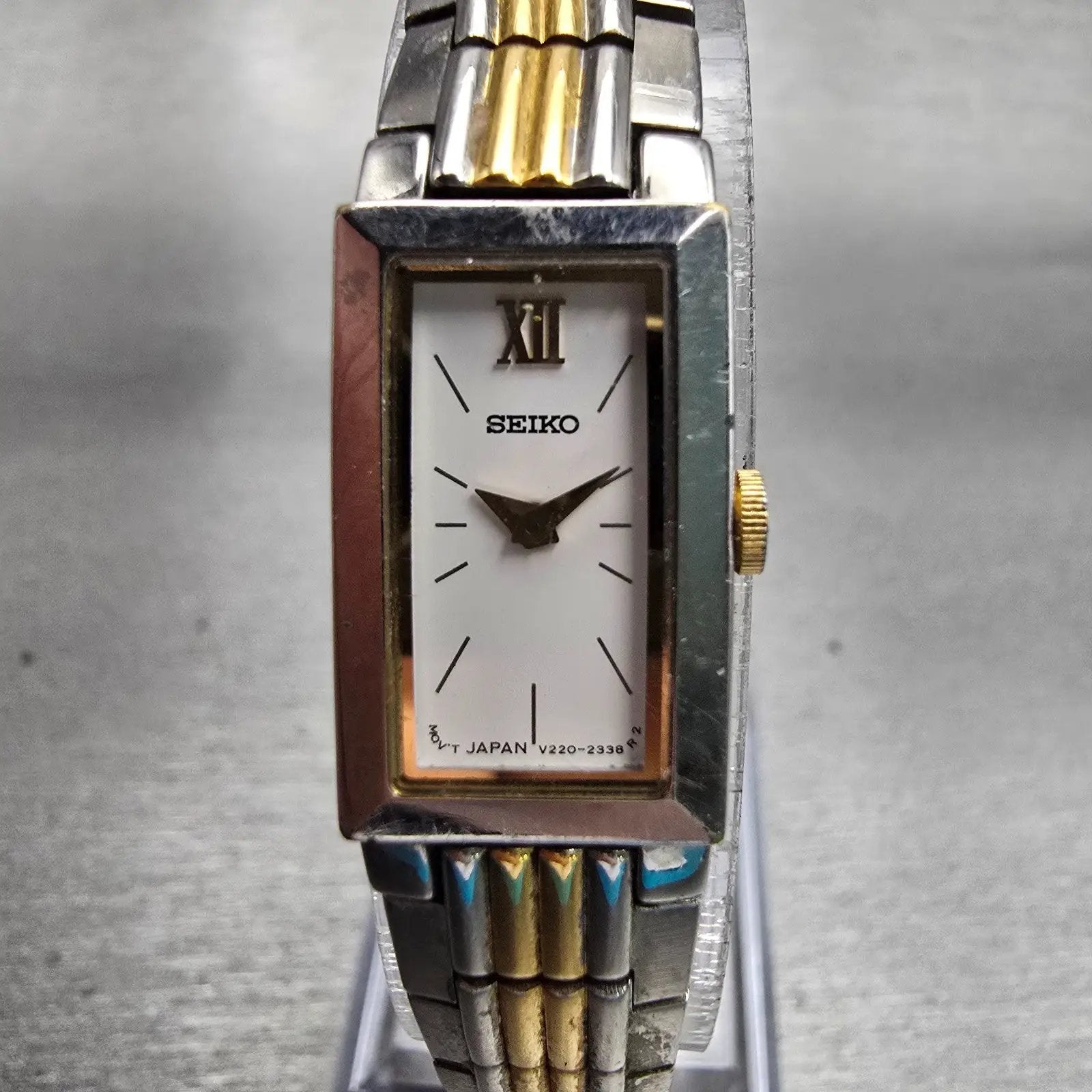 Seiko Watch Women 13mm White Dial Silver Tone Rectangle V220-5769 New Battery0