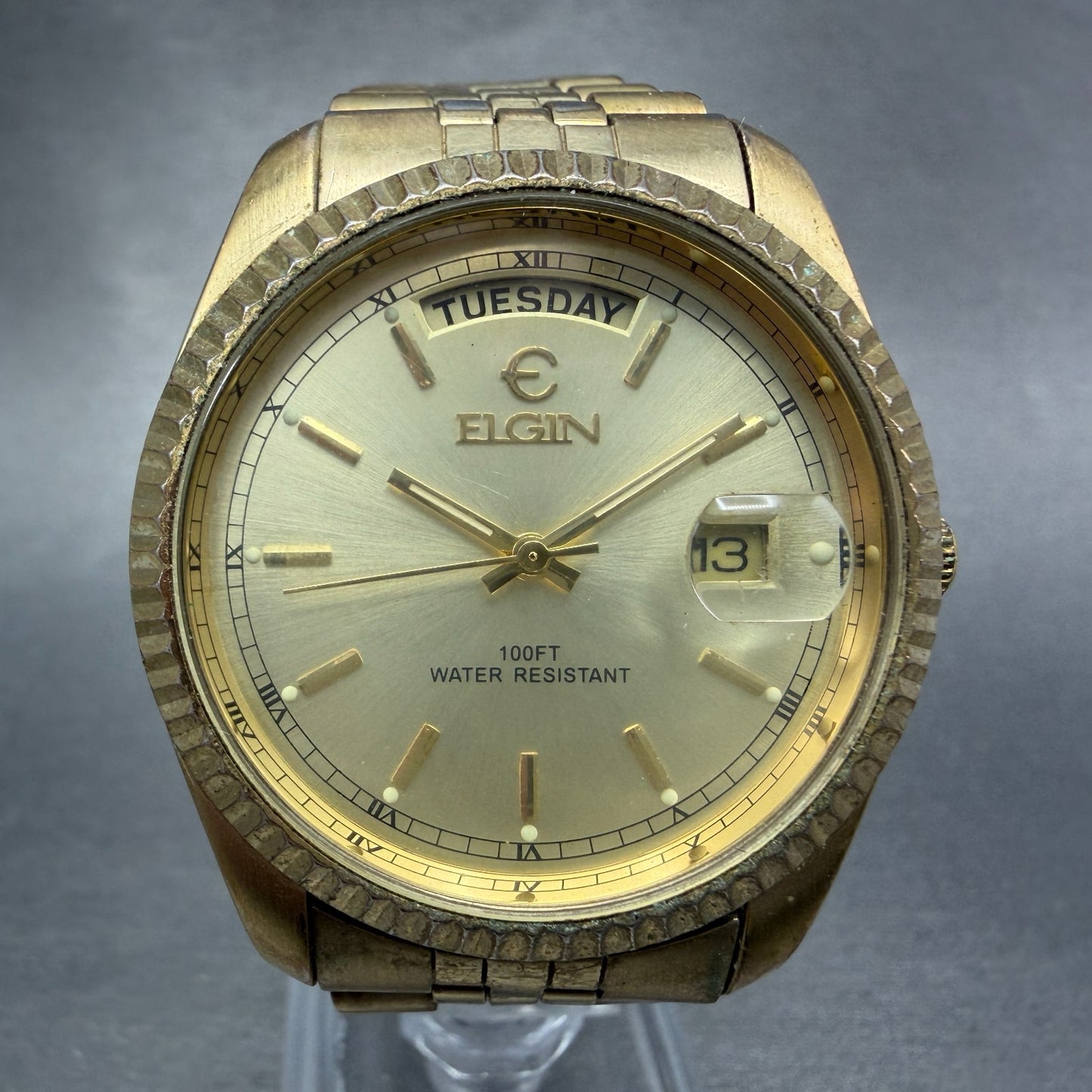 Elgin President Watch Men 38mm Gold Dial Gold Tone Daydate Round New Battery ABC0