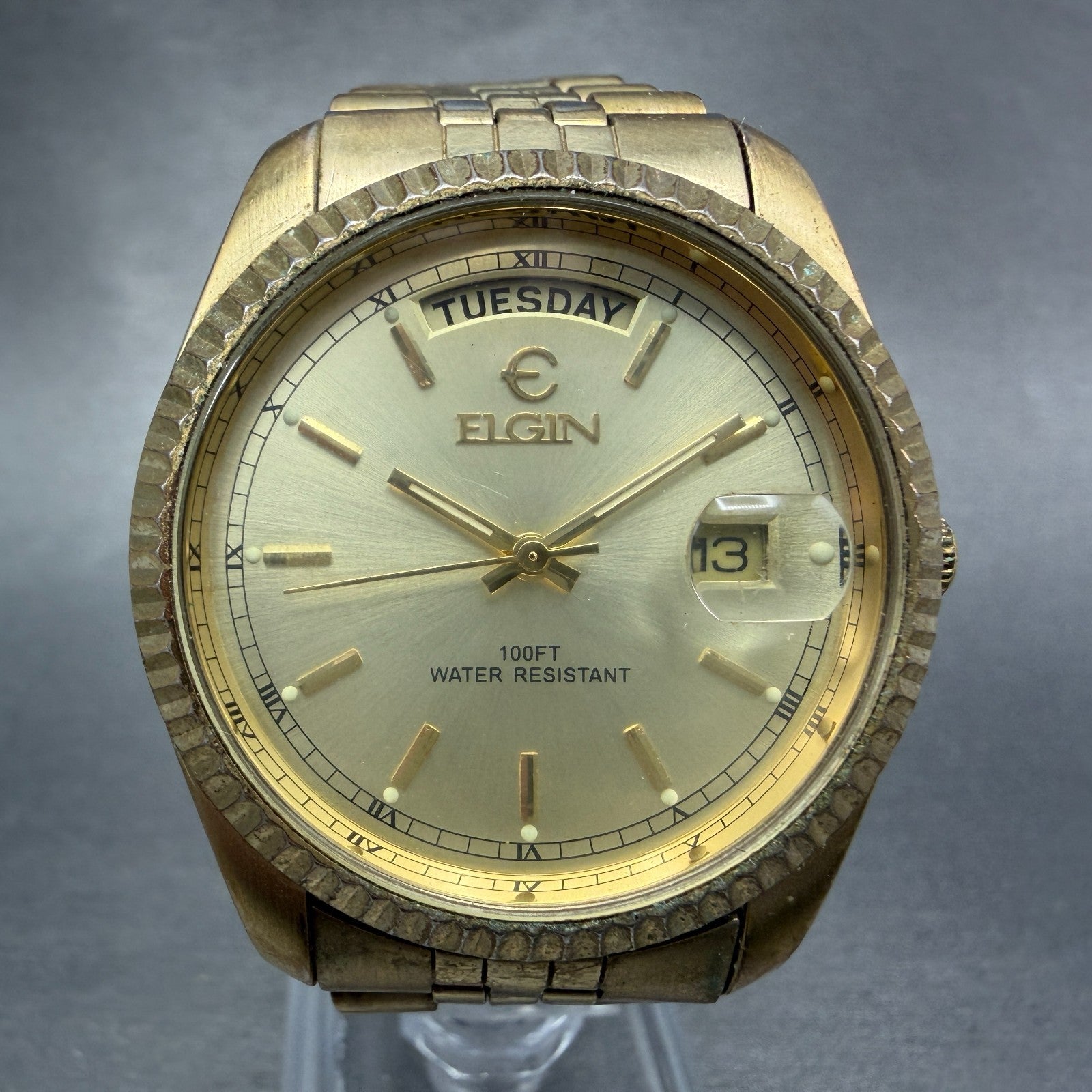 Elgin President Watch Men 38mm Gold Dial Gold Tone Daydate Round New Battery ABC0