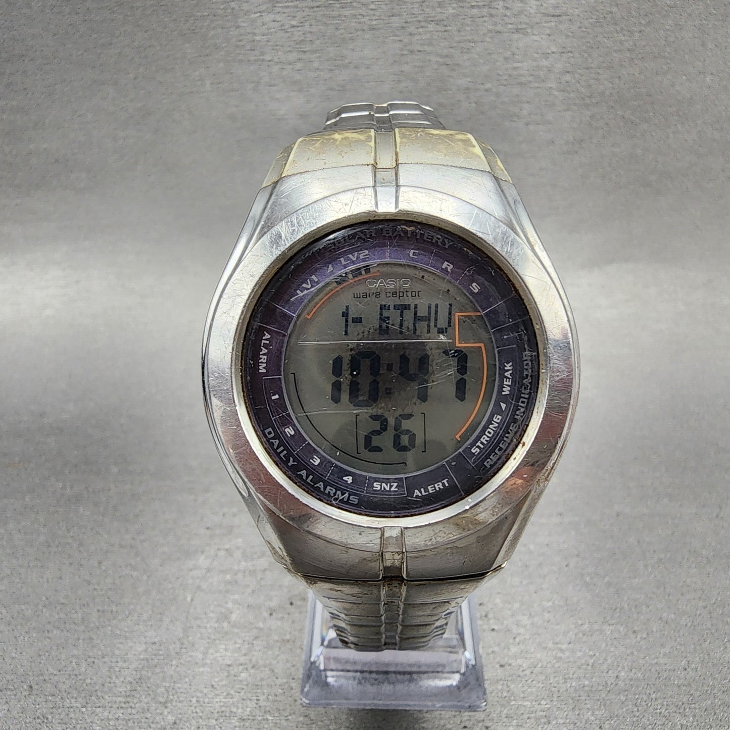 Casio Waveceptor Watch Men 41mm Digital Silver Tone Solar Alarm Chrono READ!!0