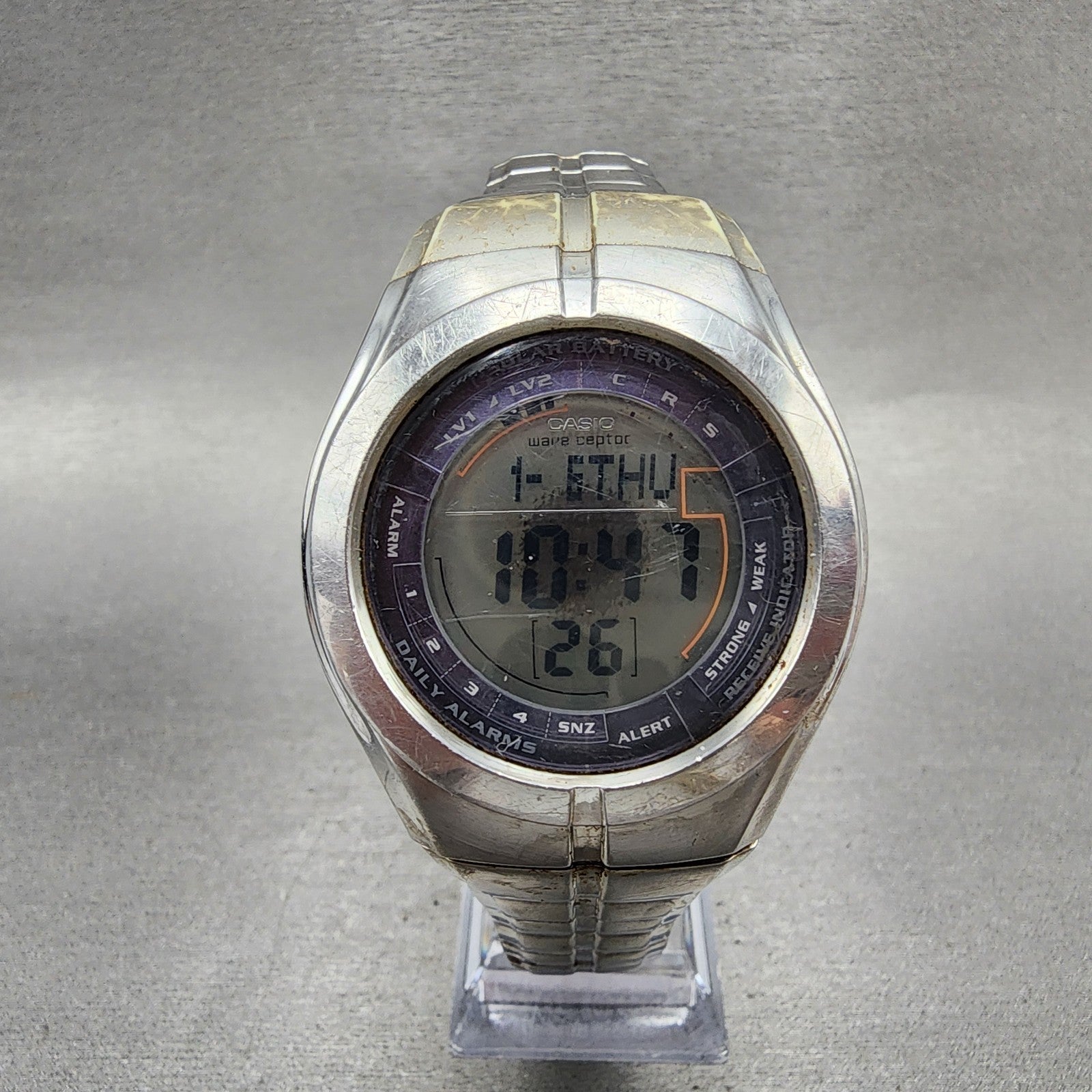 Casio Waveceptor Watch Men 41mm Digital Silver Tone Solar Alarm Chrono READ!!0