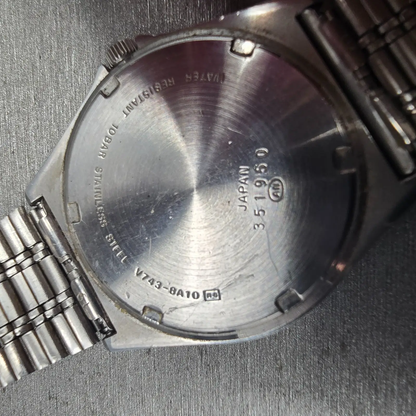 Seiko Alba Watch Men 34mm Silver Dial Silver Tone Daydate V743-8A10 New BatteryX10