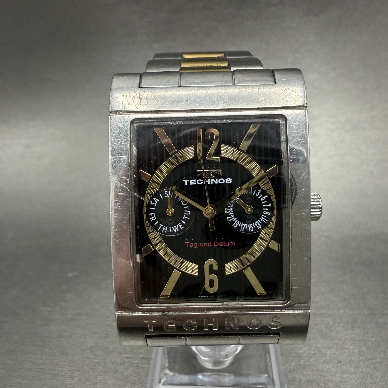 Technos Watch Men 32mm Black Dial Two Tone Daydate Rectangle T2046 New Battery0