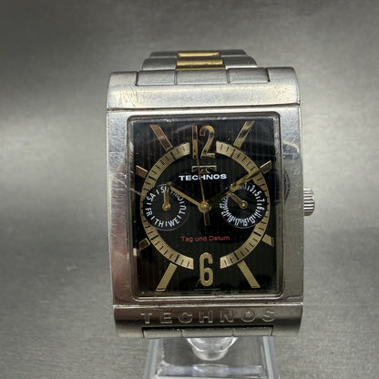 Technos Watch Men 32mm Black Dial Two Tone Daydate Rectangle T2046 New Battery0