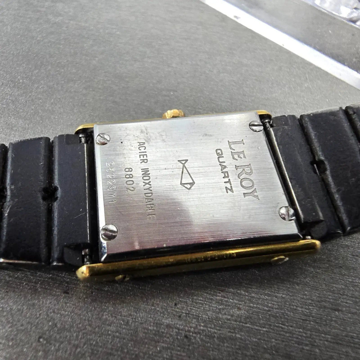 Leroy Tank Watch Women 20mm Black Dial Gold Black Rectangle 8802 New Battery VTG10