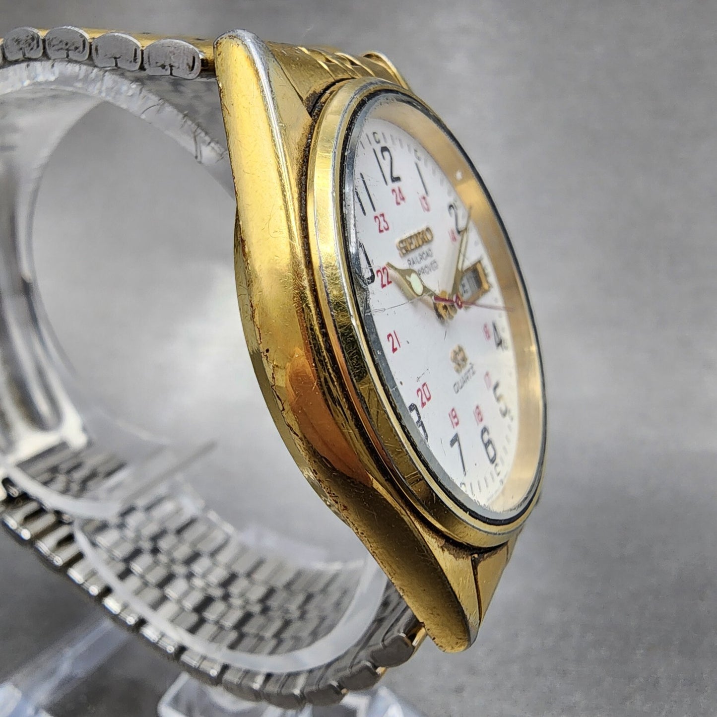 Seiko SQ Railroad Approved Watch Men 35mm White Dial Gold Tone New Batt NO BACK3