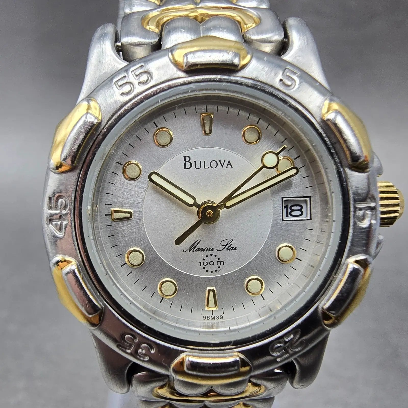 Bulova Marine Star Watch Women 28mm Silver Dial Two Tone Date 98M39 New BatteryK1