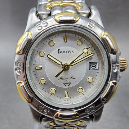 Bulova Marine Star Watch Women 28mm Silver Dial Two Tone Date 98M39 New BatteryK1
