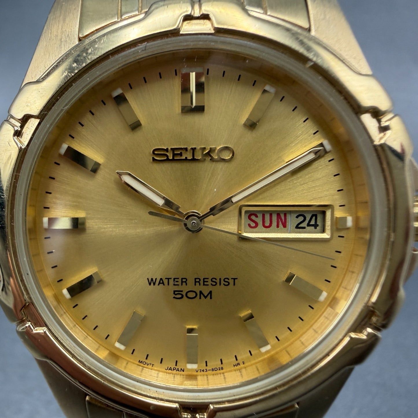 Seiko Watch Men 38mm Champagne Dial Gold Tone Daydate V743-8B39 New Battery1