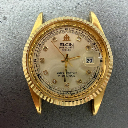 Elgin President Watch Men 35mm Gold Dial Gold Tone Date Round FK-329 PARTS2