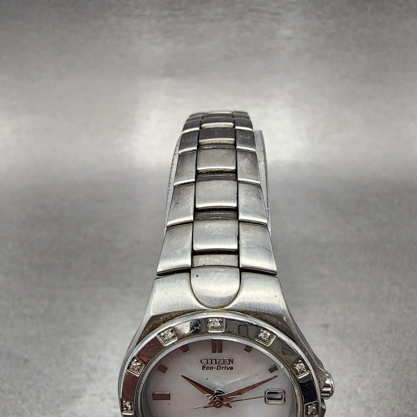 Citizen EcoDrive Watch Women 26mm MOP Dial Stainless Steel Date Diamonds Runs4