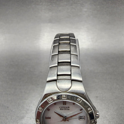Citizen EcoDrive Watch Women 26mm MOP Dial Stainless Steel Date Diamonds Runs4