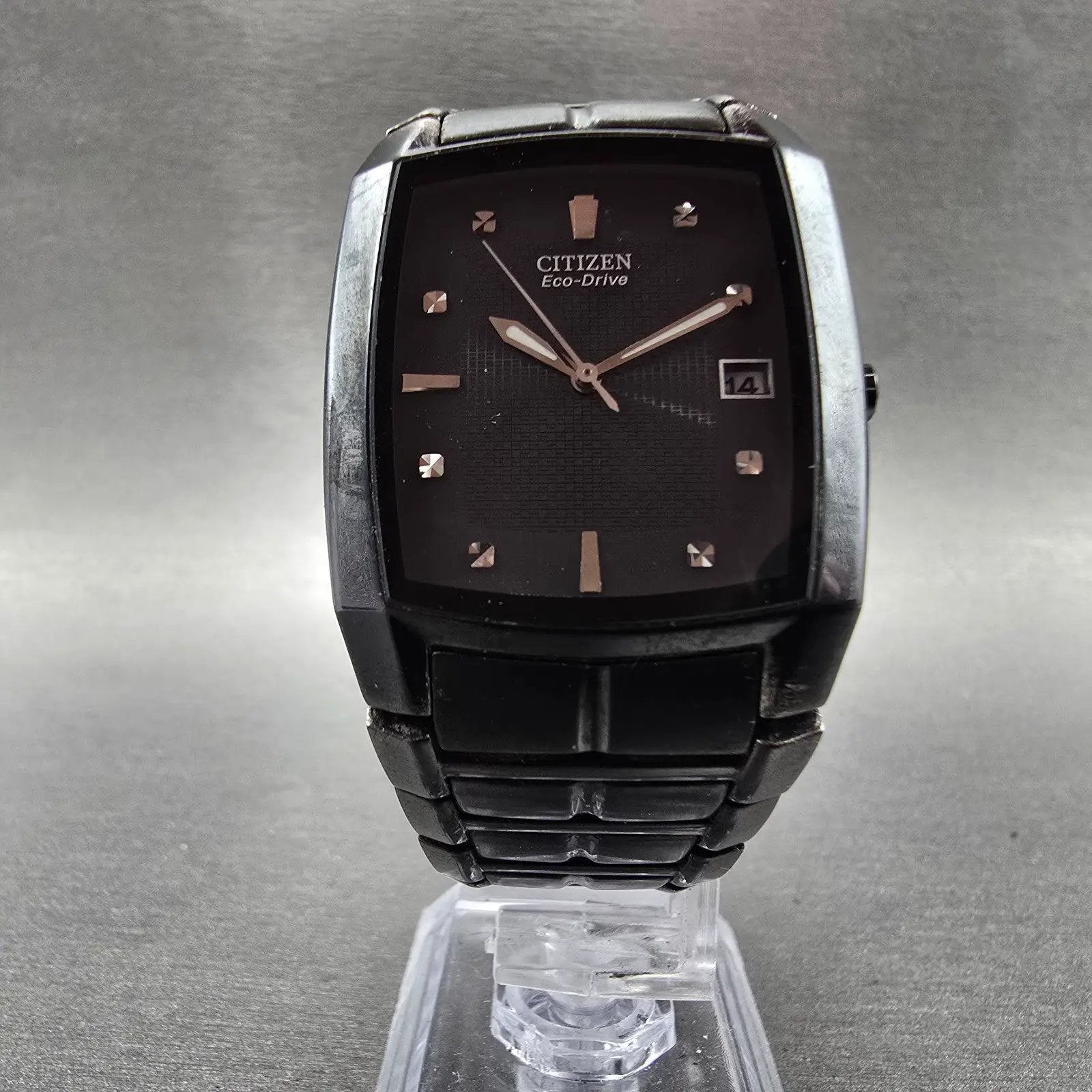 Citizen Eco-Drive Tank Watch Men 31mm Black Dial Black Date E111-S049377 Runs5