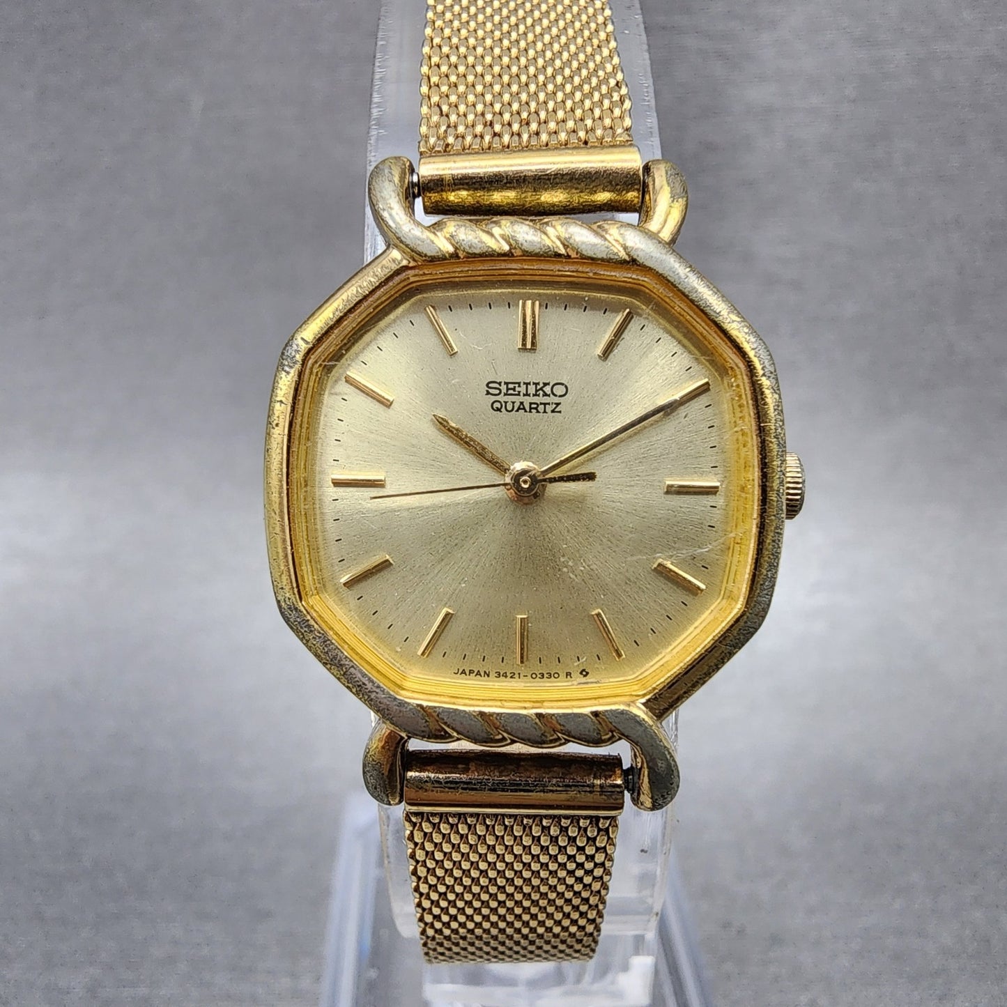 Seiko Watch Women 22mm Champagne Dial Gold Tone Octagon 34215140 New Battery0
