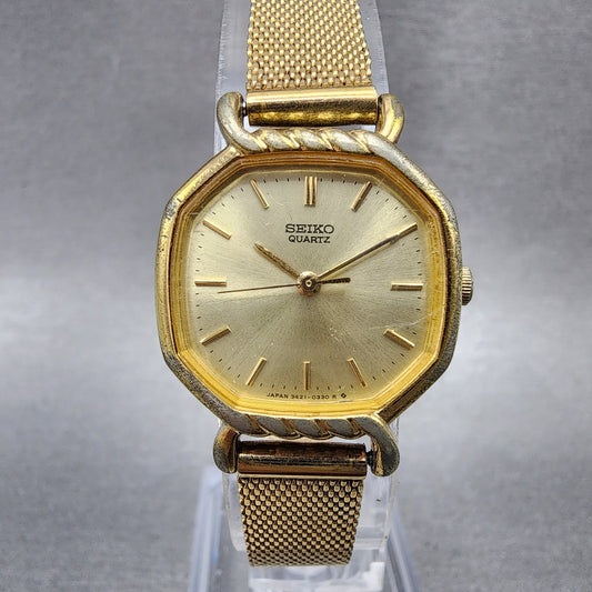 Seiko Watch Women 22mm Champagne Dial Gold Tone Octagon 34215140 New Battery0