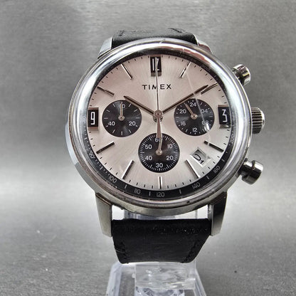 Timex Marlin Chronograph Watch Men 40mm Silver Dial Steel Date Round New Battery5