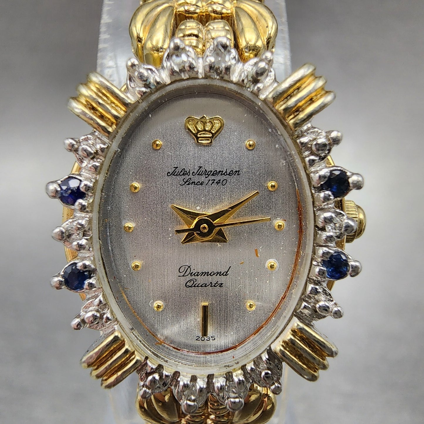 Jules Jurgenson Watch Women 17mm Silver Dial Gold Tone Diamond Bezel New Battery1