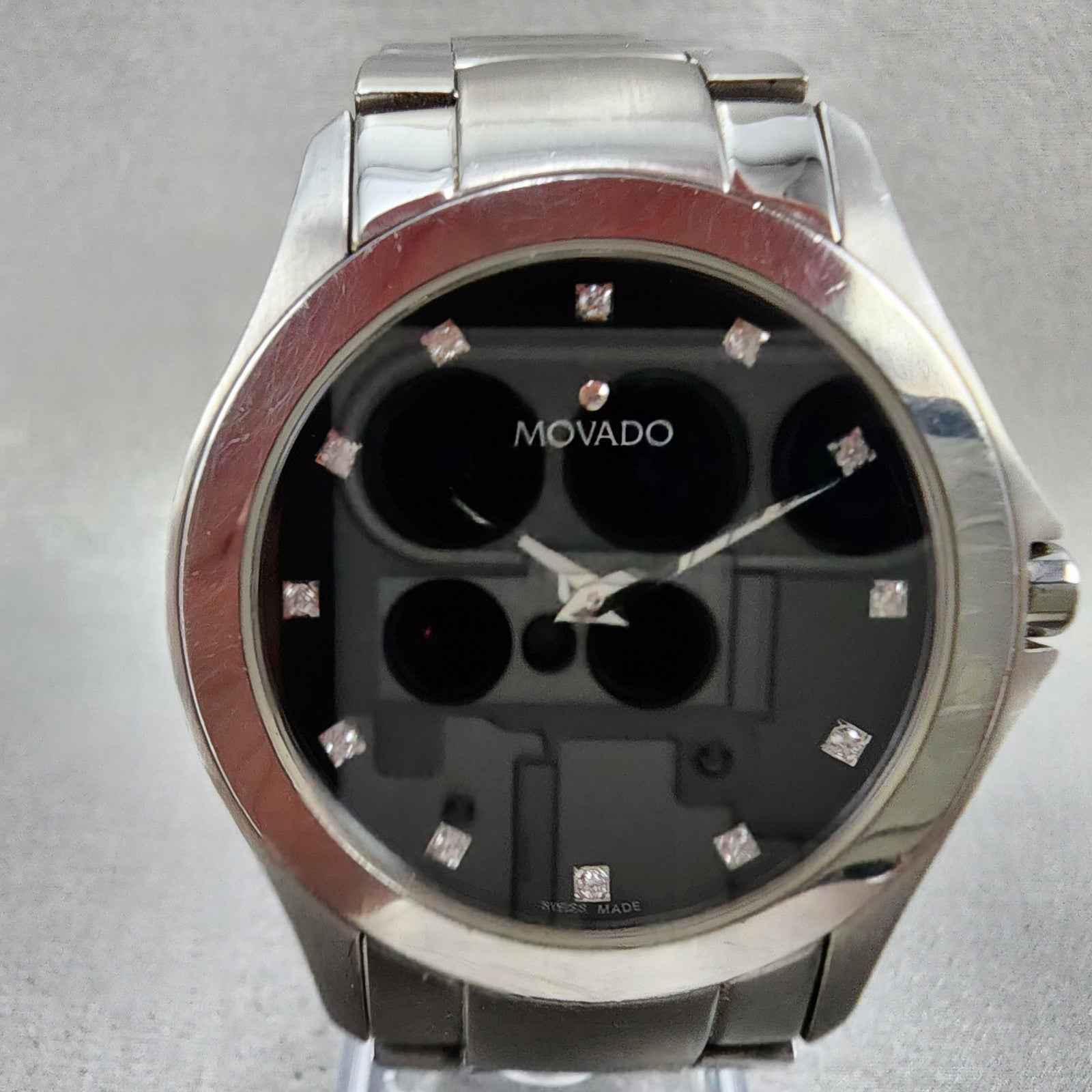 Movado Faceto Watch Men 39mm Black Dial Silver Tone 84.g2.1855 New Battery1