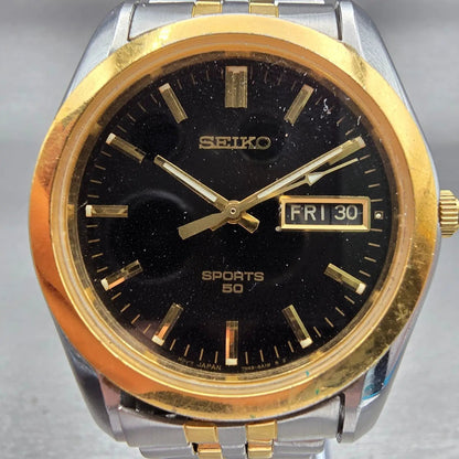Seiko Sports 50 Watch Men 37mm Black Dial Two Tone Daydate 7N48-8A00 New Battery1