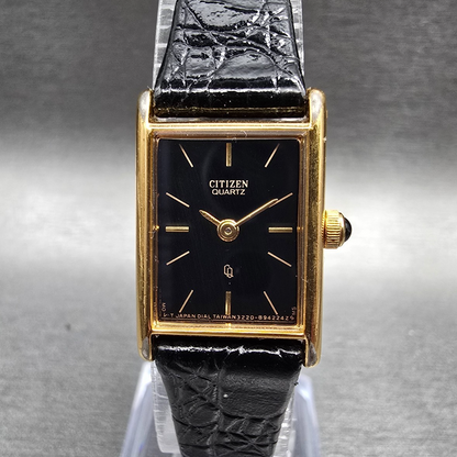 Citizen Tank Watch Women 17mm Black Dial Gold Rectangle 3220-945174 New Battery0