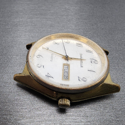 VTG Caravelle Watch Men 35mm White Dial Gold Tone Daydate Round PARTS
