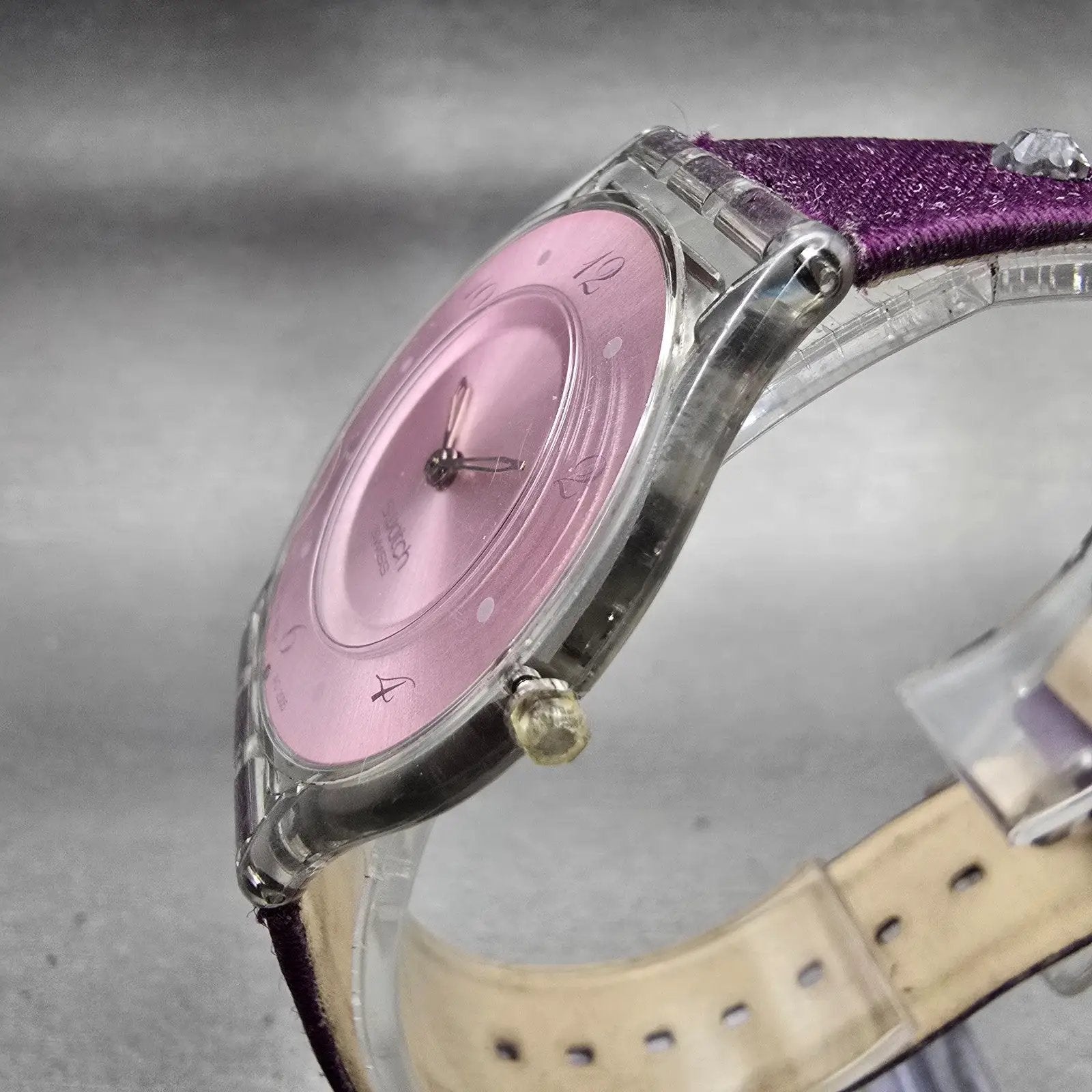 Swatch Skin FLOWER TRACK Watch Women Purple Dial Clear Case SFK278 New Battery2