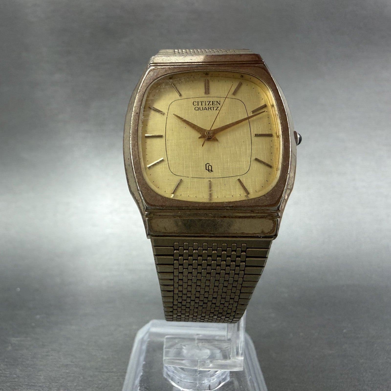 Citizen CQ Tank Watch Men 30mm Champagne Dial Gold Tone Rectangle New Batt VTG5