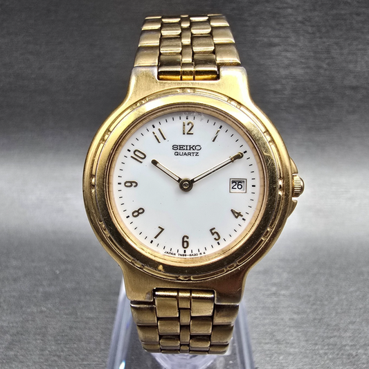 Seiko Watch Women 28mm White Dial Gold Tone Date Round 7N89-6A20 New Battery0