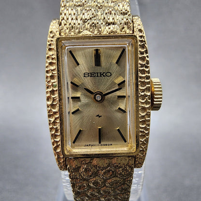 Seiko Tank Watch Women 15mm Champagne Dial Gold Plated Rectangle Manual Runs1