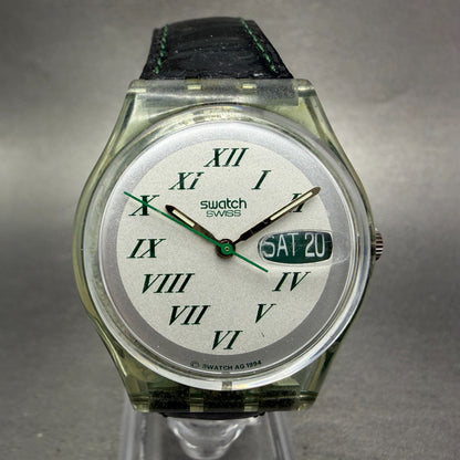 Swatch Green Lacquer Watch Men 34mm White Dial Clear Daydate GM709 New Battery0
