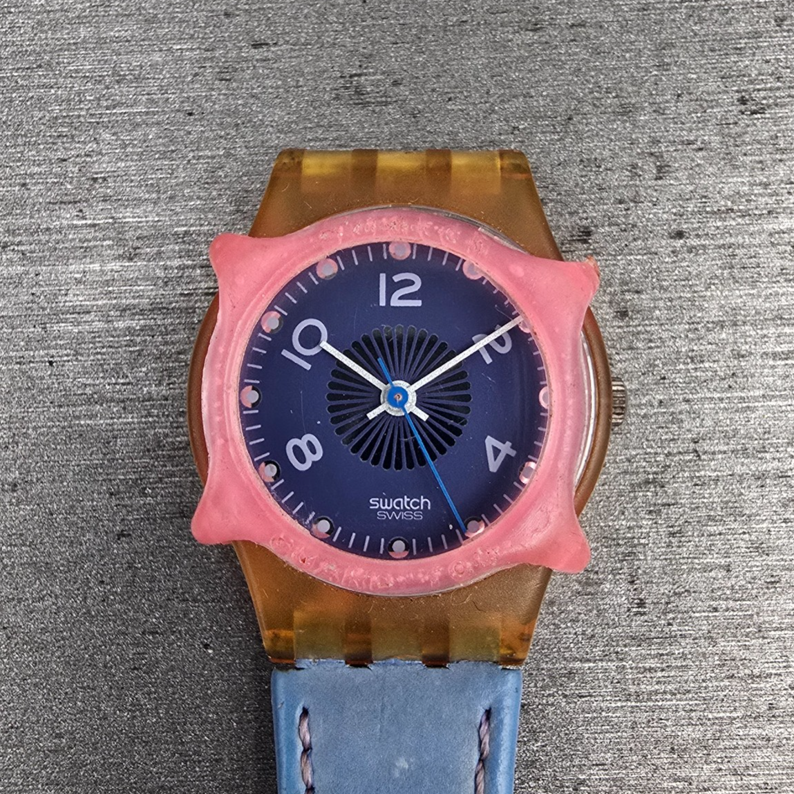 Swatch Polka Watch Women 25mm Blue Dial Brown Case Round LP109 New Battery0