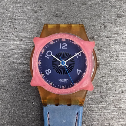 Swatch Polka Watch Women 25mm Blue Dial Brown Case Round LP109 New Battery0