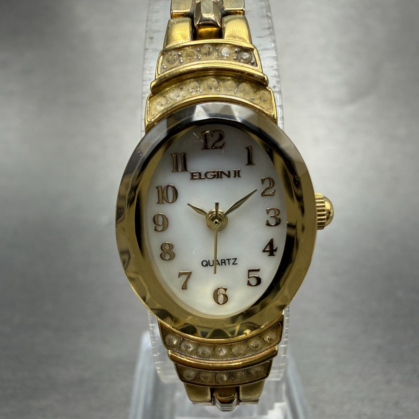 Elgin II Watch Women 17mm MOP Dial Gold Tone Oval ELL14 New Battery Crystals0
