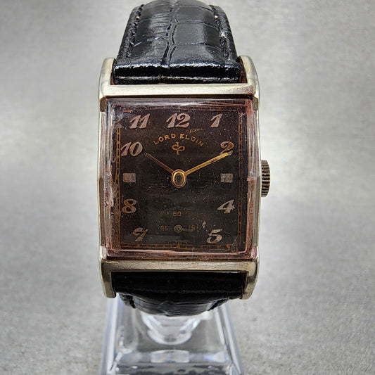 Lord Elgin Tank Watch Men 23mm Black Dial Silver Tone Manual Rectangle Runs