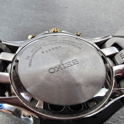 Seiko Excelsior Solar Chronograph Watch Men 44mm Gray Dial Two Tone Date Round F9