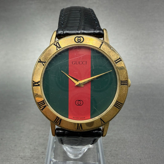 Gucci 3001M Watch Men 33mm Green & Red Dial Gold plated Round New Battery VTG0