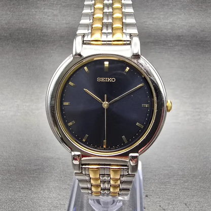 Seiko Watch Men 34mm Blue Dial Two Tone Round V701-1771 New Battery Vintage0