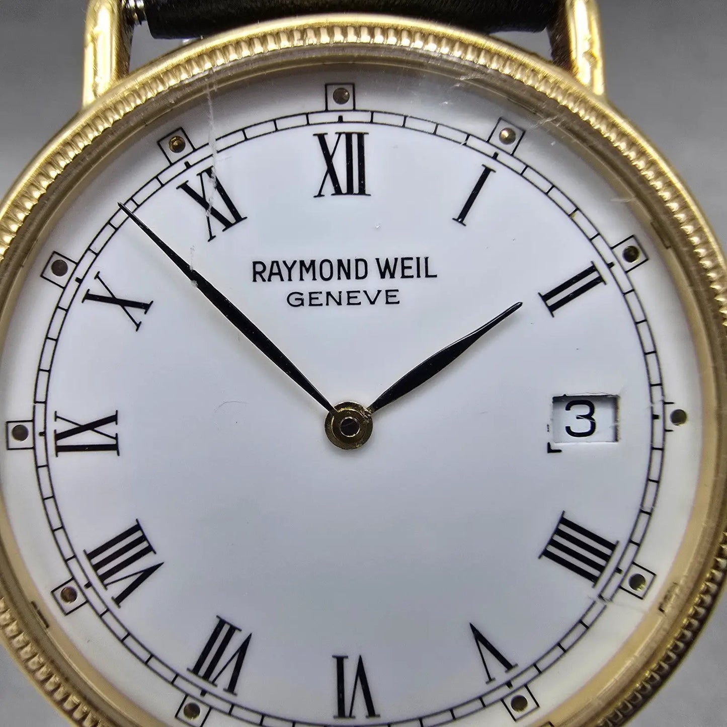 Raymond Weil Watch Men 32mm White Dial Gold Plated Date Round 5514 New Battery S1