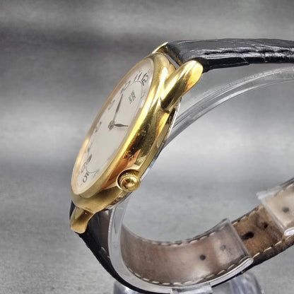 Seiko Watch Men 33mm White Dial Gold Tone Date Round 5Y39-8059 New Battery VTG2