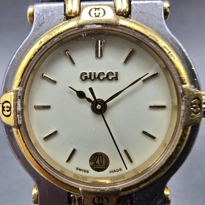 Gucci 9000L Watch Women 25mm Cream Dial Two Tone Date Round New Battery1