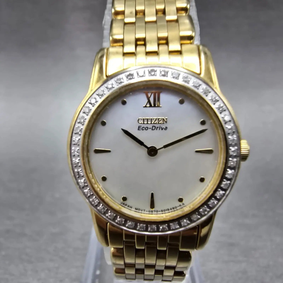 Citizen Eco-Drive Stiletto Watch Women 23mm MOP Dial Gold Diamonds Works0