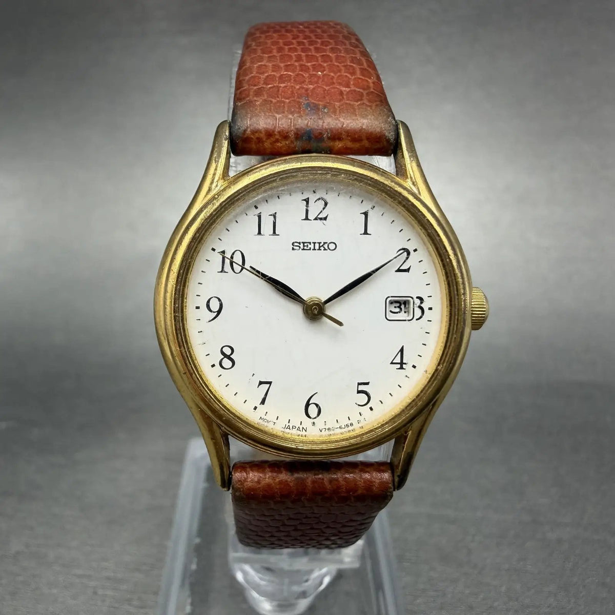 Seiko Watch Women 25mm White Dial Gold Tone Date Round V782-6E50 New Battery0