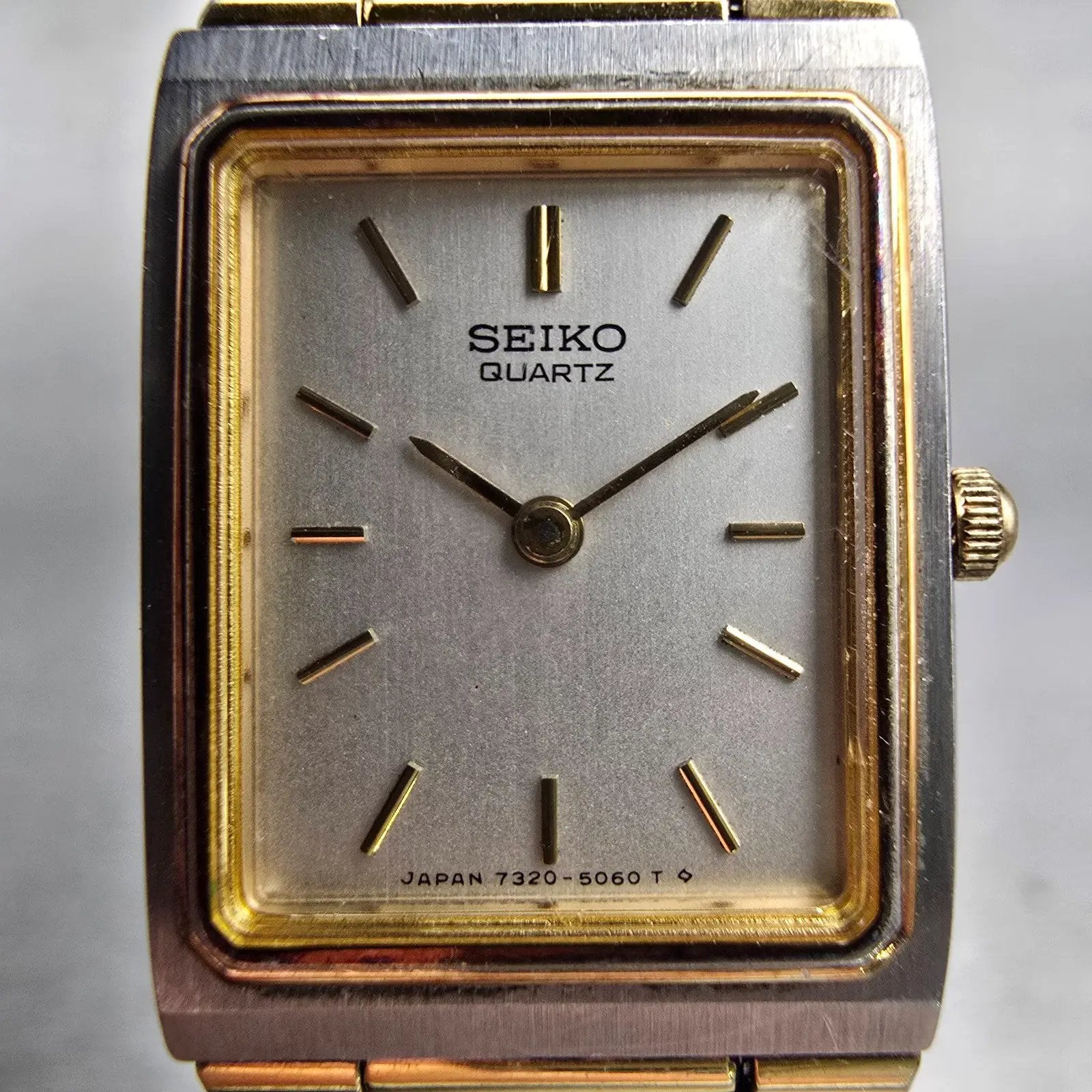 Seiko Watch Women 17mm Silver Dial Two Tone Rectangle 7320-5039 New Battery VTG1
