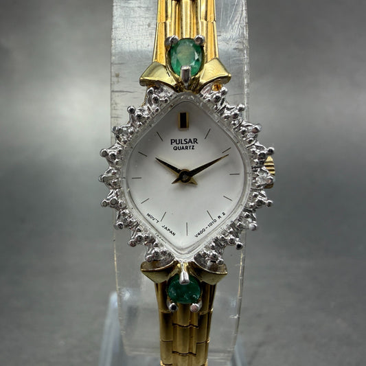 Seiko Pulsar Watch Women 17mm White Dial Gold Tone Oval V400 L 174A New Battery0