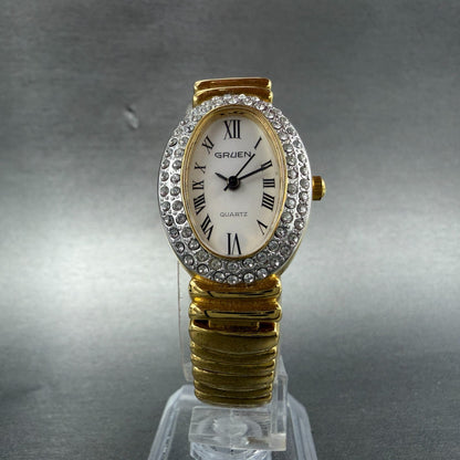 Gruen Watch Women 21mm White Dial Gold Tone Oval Crystal bezel New Battery5